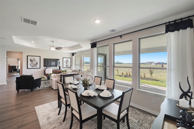 11034 Moon Light Dr, Needville, TX 77461 - dining space with baseboards, a tray ceiling, dark wood-style floors, a ceiling fan, and recessed lighting