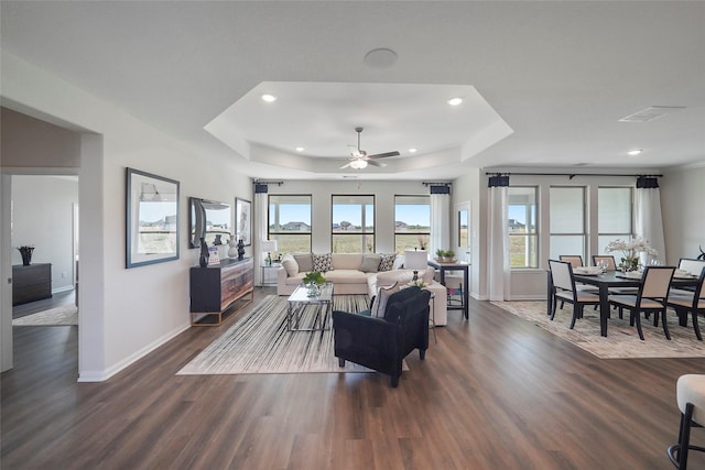 11034 Moon Light Dr, Needville, TX 77461 - living area with a raised ceiling, dark wood-type flooring, baseboards, recessed lighting, and a ceiling fan
