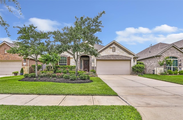 23435 Banks Mill Dr, New Caney, TX 77357 - view of front facade featuring stone siding, driveway, a garage, and a front lawn