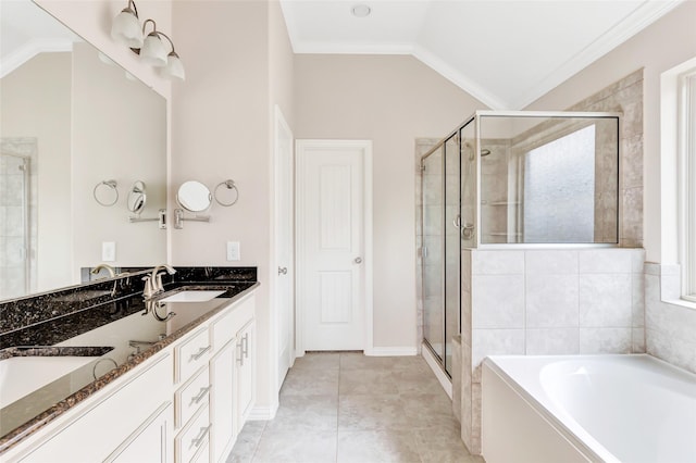 23435 Banks Mill Dr, New Caney, TX 77357 - full bath featuring a shower stall, vaulted ceiling, a garden tub, double vanity, and crown molding