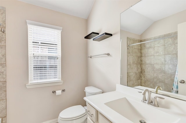 23435 Banks Mill Dr, New Caney, TX 77357 - full bath featuring plenty of natural light, toilet, lofted ceiling, vanity, and a shower