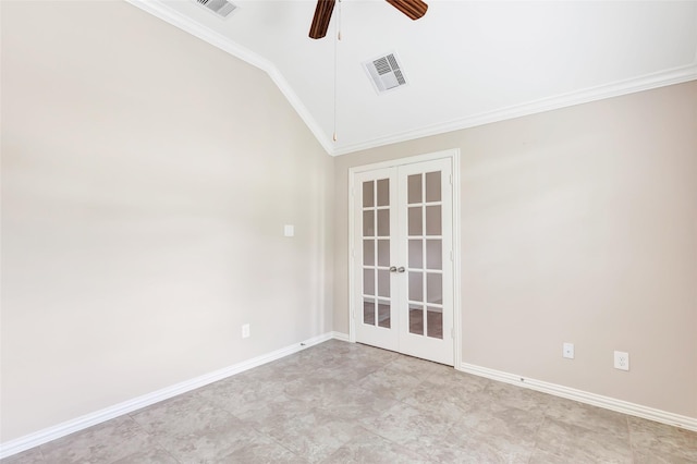 23435 Banks Mill Dr, New Caney, TX 77357 - spare room featuring french doors, a ceiling fan, baseboards, and ornamental molding