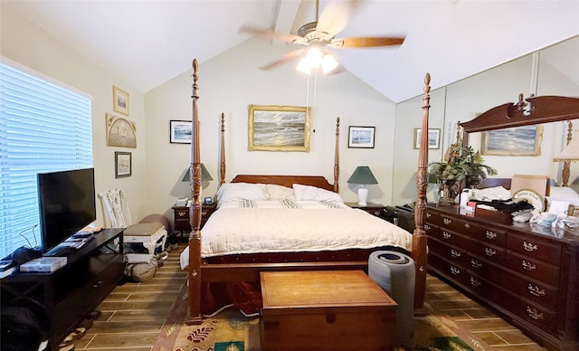 bedroom featuring vaulted ceiling, wood finished floors, and ceiling fan