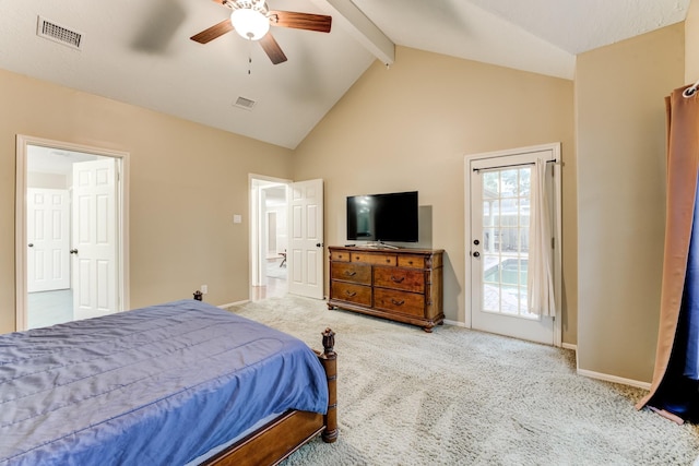 12911 Peach Meadow Dr, Cypress, TX 77429 - bedroom featuring access to outside, beam ceiling, carpet floors, high vaulted ceiling, and baseboards