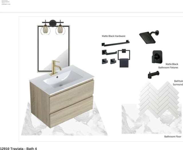 bathroom with marble look tiles and vanity