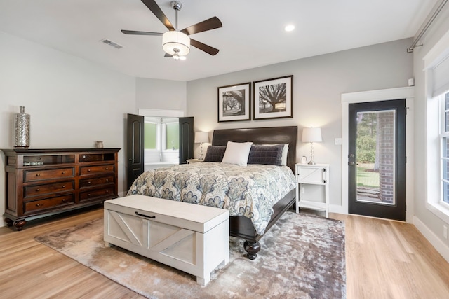 4810 Pine Wood Meadows Ln, Spring, TX 77386 - bedroom featuring light wood-style floors, access to outside, a ceiling fan, recessed lighting, and baseboards