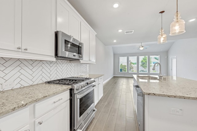 11826 Tranquility Summit Dr, Cypress, TX 77433 - kitchen featuring stainless steel appliances, a sink, tasteful backsplash, a ceiling fan, and light wood-type flooring