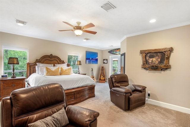 3315 E Bayou Dr, Shoreacres, TX 77571 - bedroom featuring light colored carpet, crown molding, access to exterior, and a ceiling fan