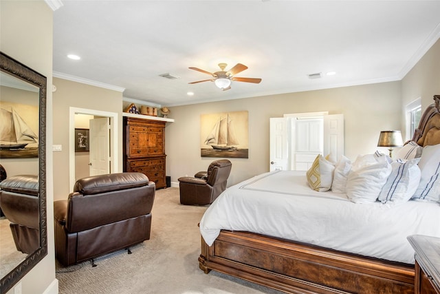 3315 E Bayou Dr, Shoreacres, TX 77571 - bedroom featuring light colored carpet, recessed lighting, ornamental molding, and ceiling fan