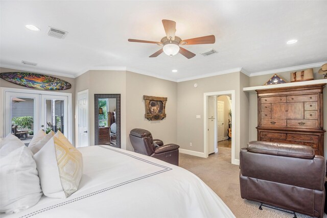 3315 E Bayou Dr, Shoreacres, TX 77571 - bedroom with french doors, light colored carpet, access to outside, ornamental molding, and recessed lighting