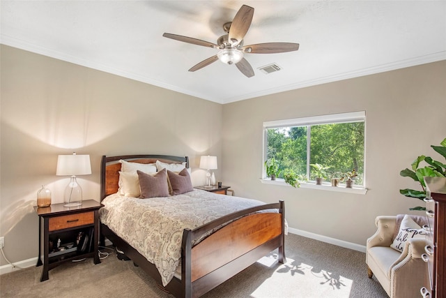 3315 E Bayou Dr, Shoreacres, TX 77571 - bedroom featuring light colored carpet, ornamental molding, and a ceiling fan