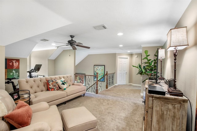 3315 E Bayou Dr, Shoreacres, TX 77571 - living room featuring ornamental molding, a ceiling fan, carpet flooring, and recessed lighting