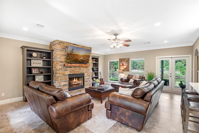 3315 E Bayou Dr, Shoreacres, TX 77571 - living area featuring crown molding, a large fireplace, a ceiling fan, and recessed lighting