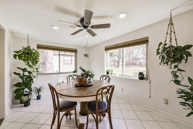 12938 Dermott Dr, Houston, TX 77065 - dining space with ceiling fan, baseboards, recessed lighting, and light tile patterned floors