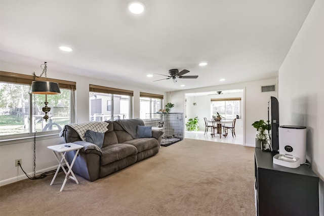 12938 Dermott Dr, Houston, TX 77065 - living room featuring carpet flooring, recessed lighting, ceiling fan, and baseboards