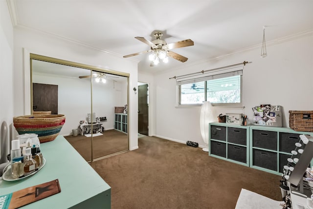 12938 Dermott Dr, Houston, TX 77065 - bedroom featuring ornamental molding, carpet flooring, a closet, ceiling fan, and baseboards