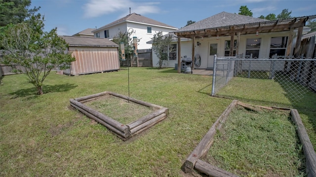 view of yard with a pergola, a storage unit, an outdoor structure, and a garden