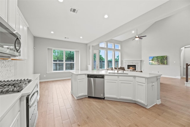 2411 Jitterbug Ln, Katy, TX 77493 - kitchen featuring appliances with stainless steel finishes, open floor plan, a sink, a glass covered fireplace, and light countertops