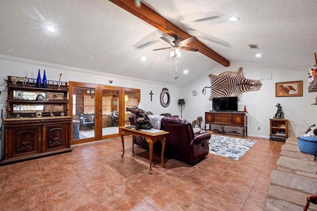 6825 Highland Rd, Santa Fe, TX 77517 - living area featuring french doors, a textured ceiling, a ceiling fan, light tile patterned floors, and recessed lighting