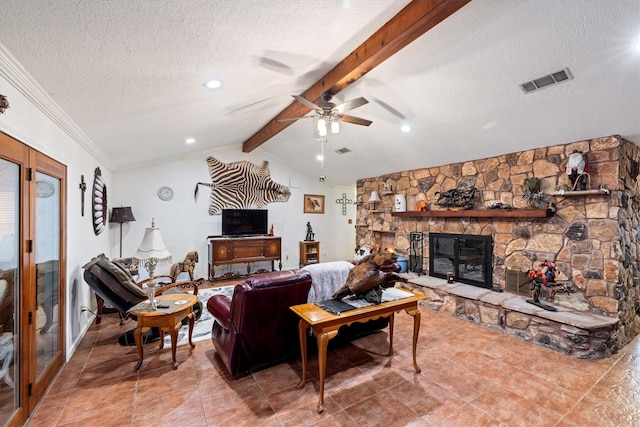 6825 Highland Rd, Santa Fe, TX 77517 - living room with a ceiling fan, a textured ceiling, a fireplace, and ornamental molding