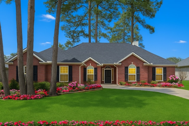 ranch-style house featuring a front yard, a chimney, and roof with shingles