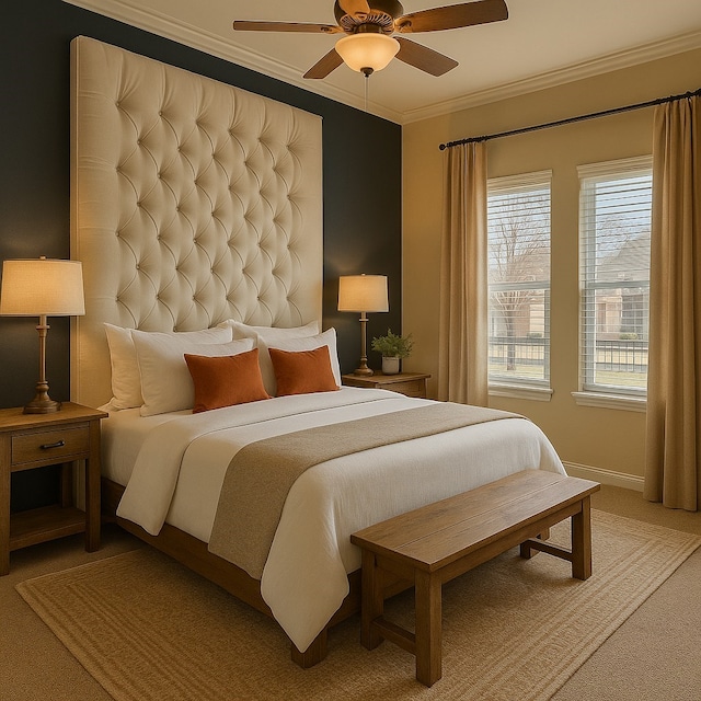 bedroom with crown molding, light colored carpet, and ceiling fan