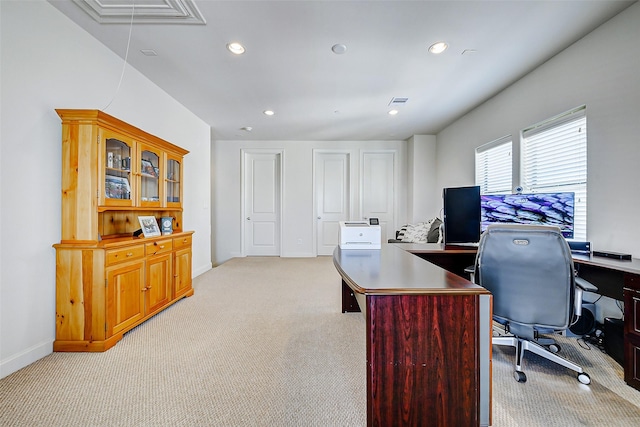 office featuring light carpet, recessed lighting, attic access, and baseboards