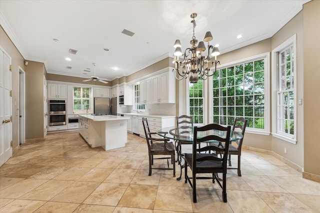 dining area featuring crown molding, a chandelier, baseboards, a ceiling fan, and recessed lighting