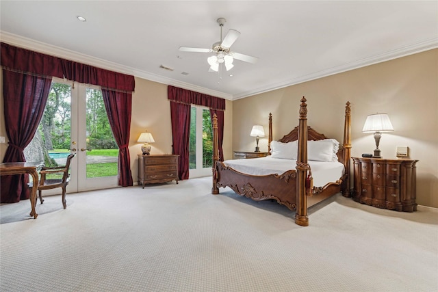 bedroom featuring access to exterior, carpet flooring, multiple windows, ornamental molding, and ceiling fan