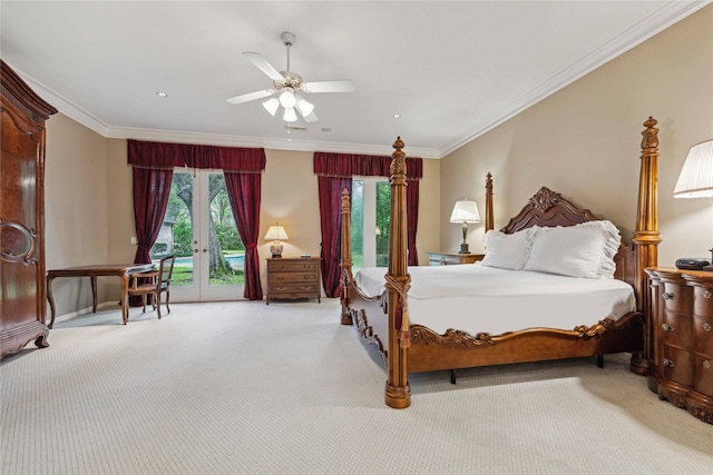 bedroom with access to exterior, french doors, light carpet, ornamental molding, and a ceiling fan