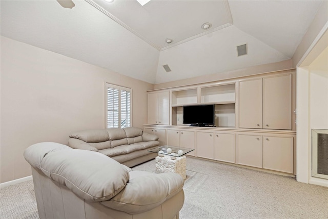 living area with light carpet and lofted ceiling