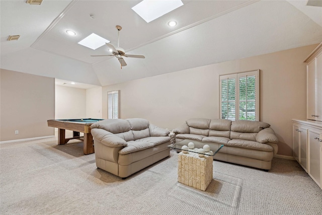 living area with a skylight, pool table, light colored carpet, vaulted ceiling, and baseboards
