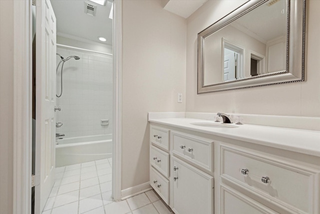 bathroom featuring crown molding, tile patterned flooring, baseboards, vanity, and bathtub / shower combination