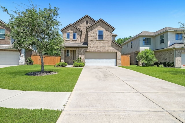 traditional-style house with a garage, concrete driveway, and brick siding