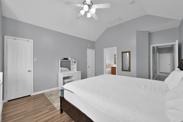 bedroom with lofted ceiling, wood finished floors, baseboards, and ceiling fan