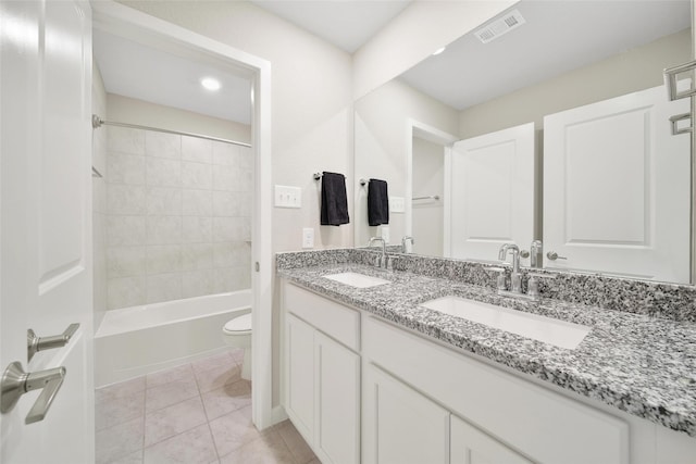 22110 Sam Raburn Dr, Tomball, TX 77375 - full bathroom with toilet, tile patterned flooring, double vanity, tub / shower combination, and recessed lighting