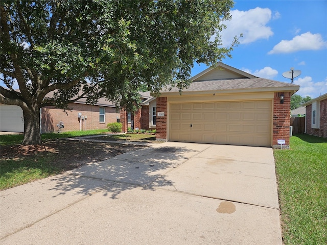 32102 Annice Ln, Pinehurst, TX 77362 - ranch-style house with brick siding, concrete driveway, a garage, and a front yard
