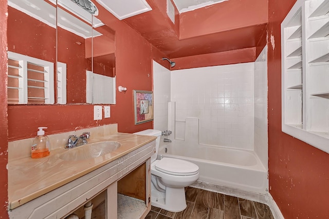 full bath with toilet, shower / bath combination, vanity, and wood finished floors