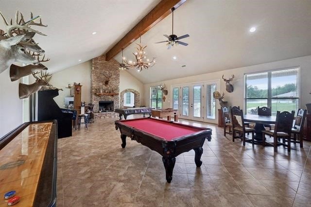 2014 Fish Lake Rd, Kountze, TX 77625 - game room with beamed ceiling, billiards table, a stone fireplace, recessed lighting, and french doors