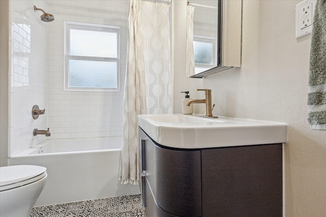 bathroom with toilet, shower / bath combo with shower curtain, and vanity