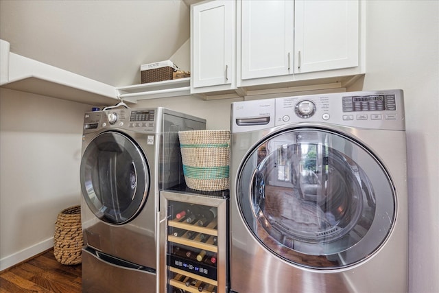 813 Key St, Houston, TX 77009 - washroom featuring wine cooler, dark wood-style floors, baseboards, and cabinet space