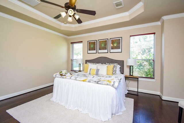 7003 Paxton Ct, Sugar Land, TX 77479 - bedroom with a tray ceiling, multiple windows, dark wood-style floors, and crown molding