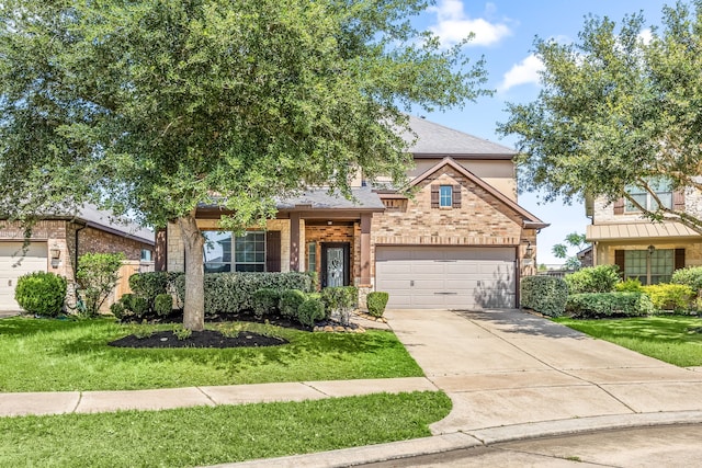 27106 Cottage Stream Ln, Fulshear, TX 77441 - view of front facade featuring concrete driveway, a front yard, brick siding, and roof with shingles