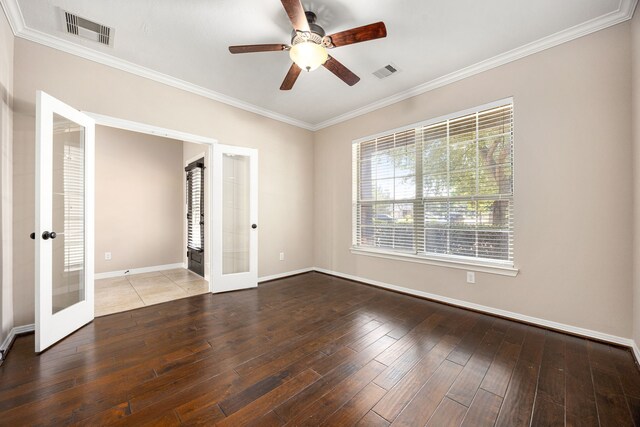 27106 Cottage Stream Ln, Fulshear, TX 77441 - unfurnished room featuring french doors, ornamental molding, a ceiling fan, baseboards, and wood-type flooring