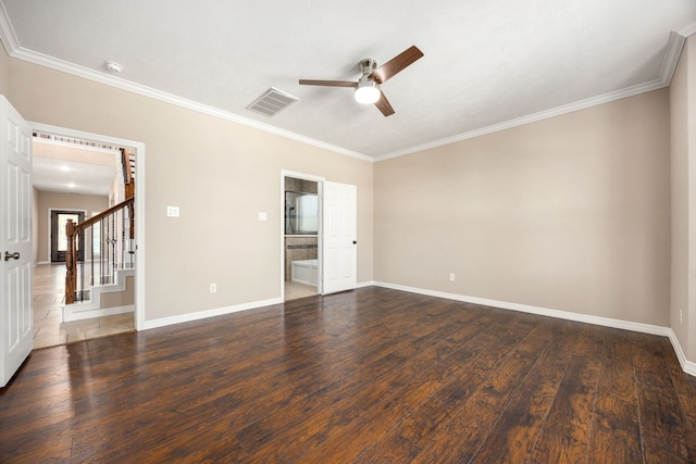 27106 Cottage Stream Ln, Fulshear, TX 77441 - empty room featuring a ceiling fan, stairs, ornamental molding, baseboards, and wood finished floors