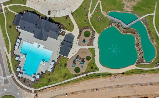 aerial view of a pool area