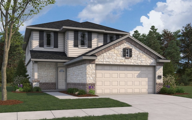 16809 Needlepoint Dr, Conroe, TX 77302 - view of front of home with stone siding, driveway, a front lawn, and a shingled roof