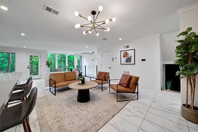 140 S Timber Top Dr, Spring, TX 77380 - living area featuring recessed lighting, light marble finish flooring, and a chandelier