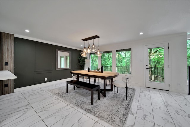 140 S Timber Top Dr, Spring, TX 77380 - dining room with light marble finish flooring, plenty of natural light, a chandelier, recessed lighting, and ornamental molding