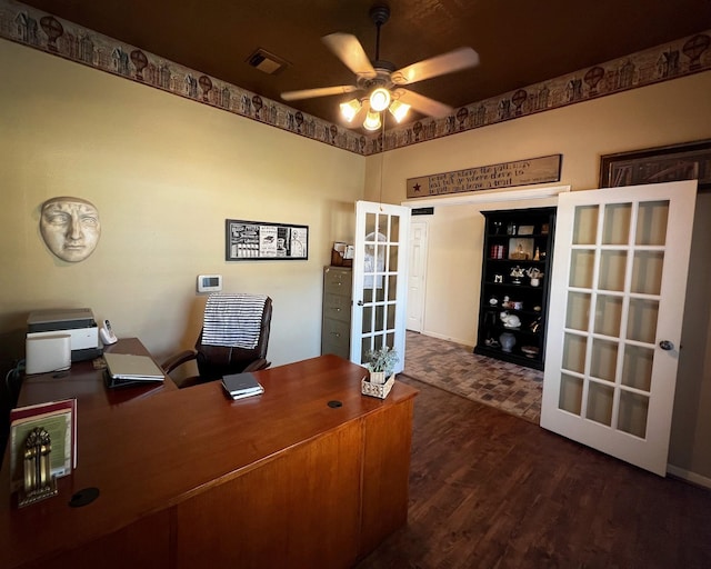 3002 Sandleigh Dr, Spring, TX 77388 - office area with french doors, wood finished floors, a ceiling fan, and baseboards